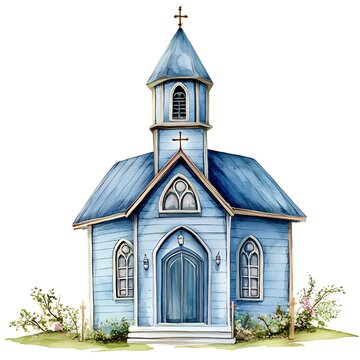 blue watercolor church building clip art preview