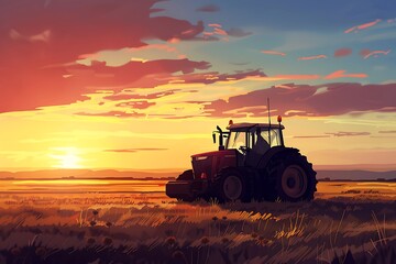 Obraz premium Combine harvester in action on field at sunset
