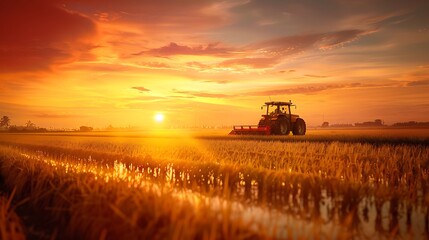 Obraz premium Combine harvester in action on field at sunset