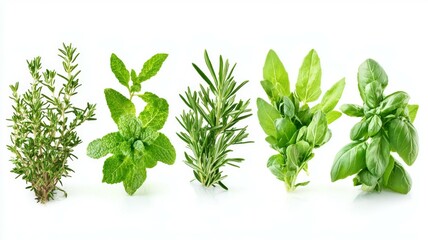 Obraz premium A row of five different herbs, including basil, parsley, and rosemary