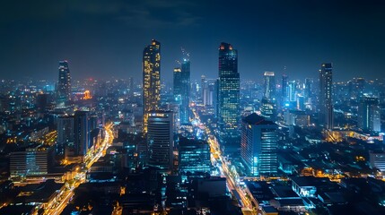 Fototapeta premium Panorama view of Bangkok business district at night time. 