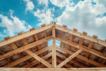 Construction of a new house with wooden roof trusses against the blue sky
