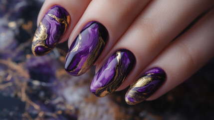 Purple Marble Nails with Gold Foil Accents. Elegant purple manicure featuring gold marble effect on long, glossy nails.