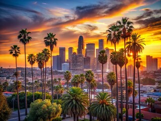 Beautiful Los Angeles skyline with palm trees at sunset showcasing vibrant colors and urban landscape