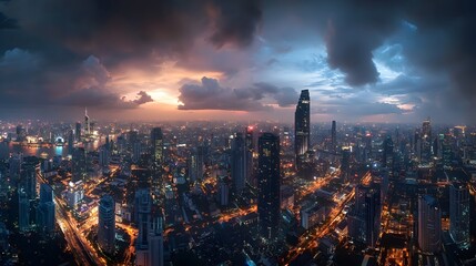 Panorama view of Bangkok business district at night time. 