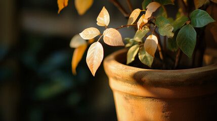 Green Potted Plant with Sunlight on Terracotta Pot. Close-up of leafy houseplant in terracotta pot lit by soft natural sunlight.