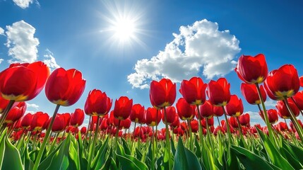 A vibrant field of red tulips stretching towards the horizon, with a bright blue sky and fluffy white clouds above.
