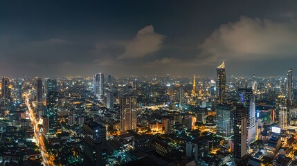 Obraz premium Panorama view of Bangkok business district at night time. 