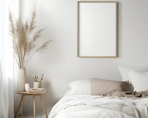 Minimalist bedroom interior mockup with pampas grass and white bed. Perfect for design inspiration, advertisement, and product promotion.