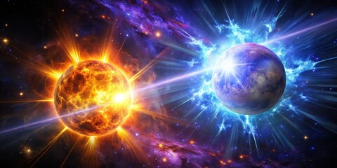 Obraz premium Sharp, high-contrast visualization of a binary star system captured in X-ray, ultraviolet, and visible light, highlighting the intense radiation and charged particles.