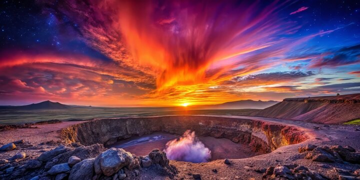 A dramatic, high-dynamic-range image of a crater at dusk, with the rocks and sky ablaze in vibrant hues of orange, pink, and purple, emphasizing the sheer energy of the meteorite's impact.