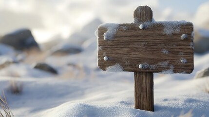 Naklejka premium Wooden sign in a snowy landscape with rocks.