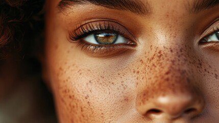 Naklejka premium Close-up of a Woman's Eye with Freckles and a Soft Focus