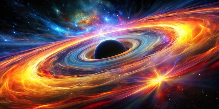 Vivid, high-dynamic-range visualization of a black hole's accretion disk, observed in multiple wavelengths, showcasing intense X-rays and gamma rays.