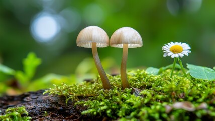 Fototapeta premium Two mushrooms are growing on a mossy log next to a daisy