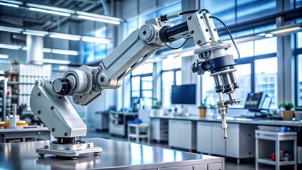 A detailed shot of a robotic arm, its joints and mechanisms exposed, as it moves with precision and accuracy, with a blurred background of lab equipment and testing areas.