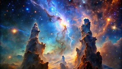 Obraz premium Breathtaking, dramatic representation of the Eagle Nebula, with towering clouds of interstellar matter ascending like titanic, luminous pillars.