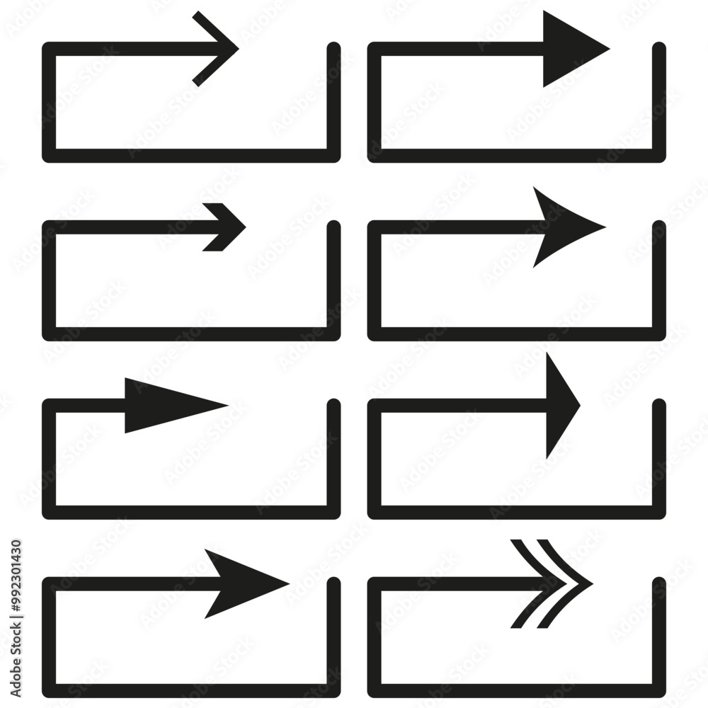 Poster arrow direction icons. square outline arrows. vector arrow shapes. repeating right point arrows.