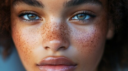Fototapeta premium Close-up portrait of a woman with freckles and blue eyes