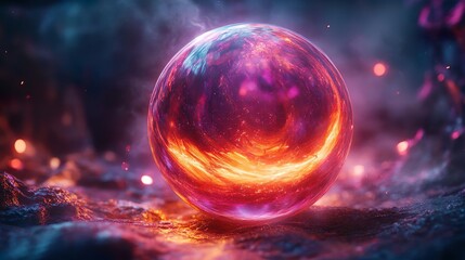 Fototapeta premium A glowing crystal orb radiates neon pink and purple energy in the mist