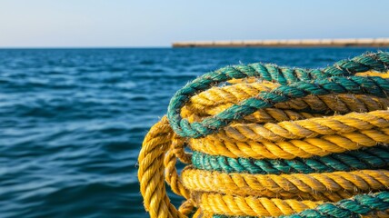 Fototapeta premium A yellow and green rope is floating in the ocean
