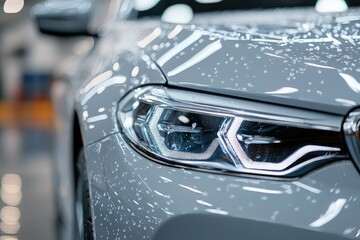 Close-up of modern car headlight with LED lights