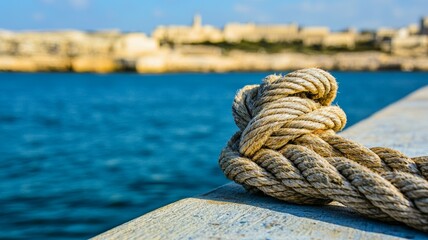 Fototapeta premium A rope is tied to a dock and the water is blue