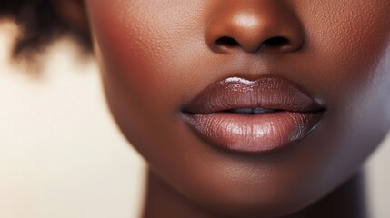 Close-up of a woman's lower face with glossy lips.