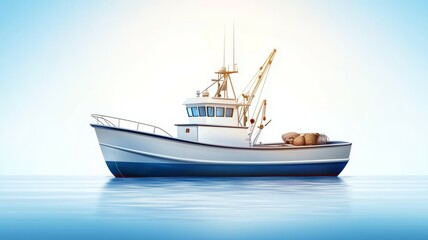 Naklejka premium A large white fishing boat is floating on the water