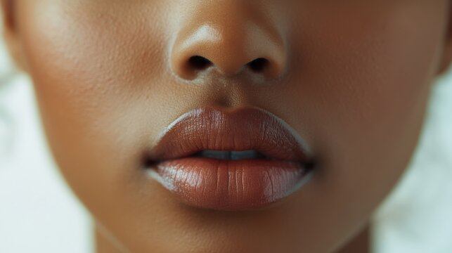 Close-up of a woman's brown lips with glossy lipstick