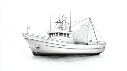 A white boat with a fishing net on it