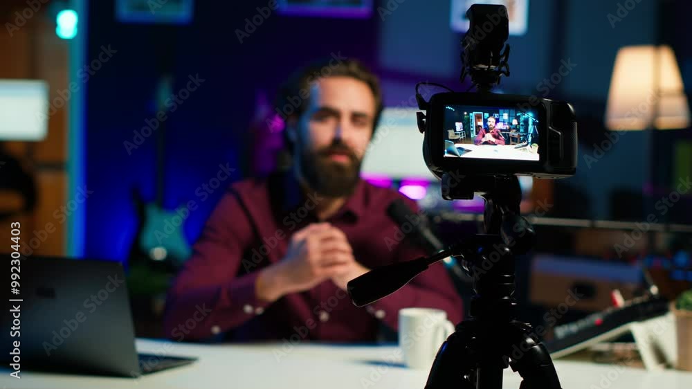 Aufkleber focus on professional camera used by man in blurry background hosting online show in neon lit studio
