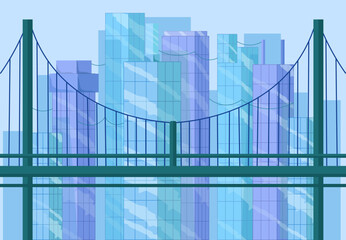 Modern city panorama. Skyscrapers and highrise buildings. Urban panorama and bridge. Architecture and infrastructure. Business houses with offices. Flat vector illustration