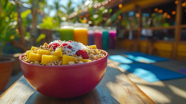 Vibrant white mulberry granola bowl chia seed coconut flake served stylish outdoor terrace yoga mat colorful health drink softly blurred behind promoting fresh nutritious breakfast Scientific name