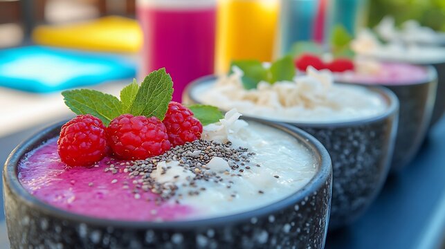Vibrant white mulberry granola bowl chia seed coconut flake served stylish outdoor terrace yoga mat colorful health drink softly blurred behind promoting fresh nutritious breakfast Scientific name
