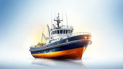 A large blue and orange boat is on a white background
