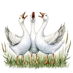 Obraz premium Three Geese Standing in a Row, Watercolor Illustration.