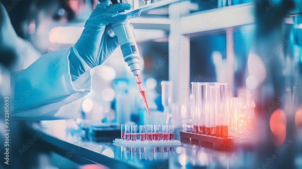 Poster a scientist using a pipette to transfer a red liquid into test tubes