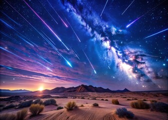 Spectacular meteor shower radiant above a vast, barren desert landscape, with meteor trails arcing across the sky like wispy brushstrokes on a canvas of deep blue and purple hues.