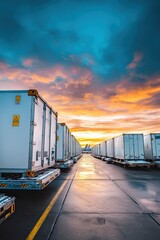 Cargo Containers on Airport Tarmac at Sunset