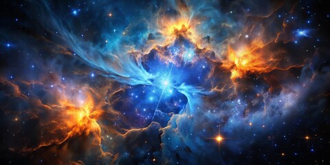 In the heart of a star-forming region, a dark nebula's inky blackness is offset by bursts of intense, electric blue illumination, as if the cosmos itself were afire.