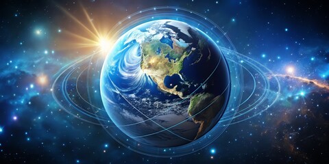 Fototapeta premium A majestic globe with IAU logo emblazoned on it, surrounded by stars and planets, against a dark blue background, with subtle lighting effects to highlight the union's global reach.