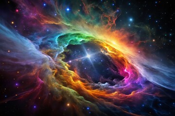 Against a canvas of deep, inky blackness, tendrils of ionized gas glow like ethereal, rainbow-hued brushstrokes, as a dark nebula comes alive with vibrant, pulsing color.