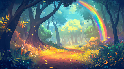 Fototapeta premium Magical fantasy fairytale forest with rainbow and trees. Magical Forest. Illustration
