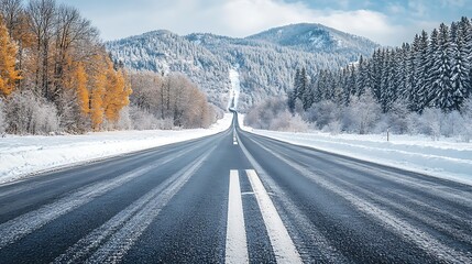 Naklejka premium Snowy road through winter landscape with mountains.