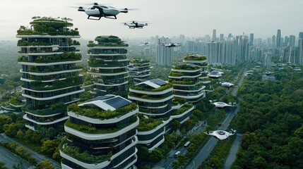 Obraz premium Futuristic Cityscape with Green Buildings and Flying Cars