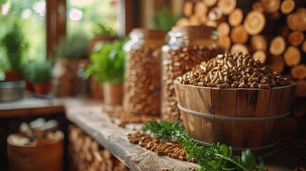 Wood pellets in glass jars and a wooden bucket, biofuel for stoves, sustainable energy.