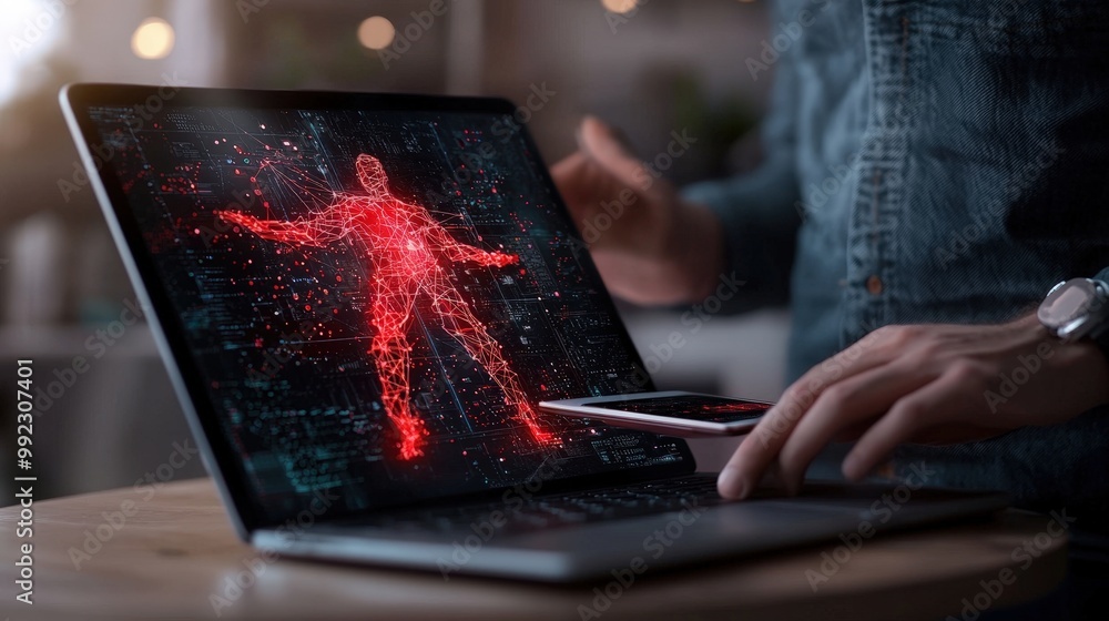 Poster man using laptop with digital human interface on screen