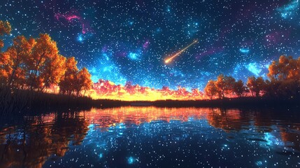 Fototapeta premium Night Sky Reflection in Lake with Shooting Star and Trees