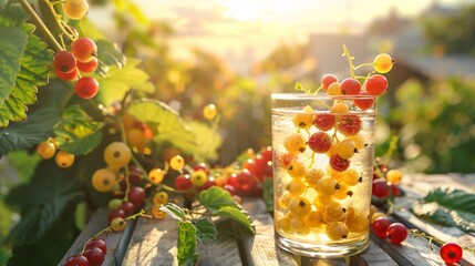White currant fruit juice mint lemon served in a tall glass on a rooftop caf with the city skyline softly blurred in the background emphasizing hydration and refreshment Scientific name Ribes rubrum